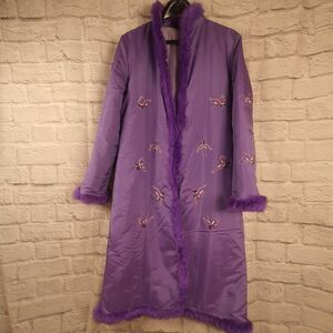Vtg Henki Chinese Butterfly Womens Jacket Purple Robe Insulated Coat Angora Fur